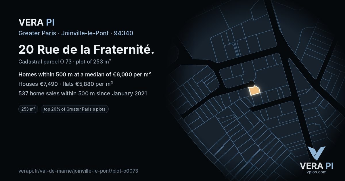 20 Rue de la Fraternité, Joinville-le-Pont at night – the plot lit, the parcels around coloured by the prices near them