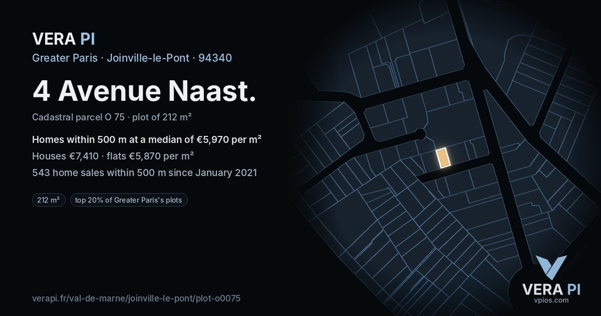 4 Avenue Naast, Joinville-le-Pont at night – the plot lit, the parcels around coloured by the prices near them