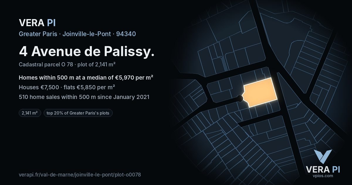 4 Avenue de Palissy, Joinville-le-Pont at night – the plot lit, the parcels around coloured by the prices near them