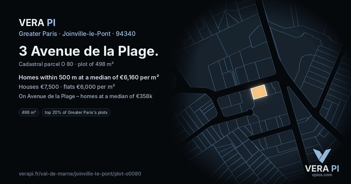 3 Avenue de la Plage, Joinville-le-Pont at night – the plot lit, the parcels around coloured by the prices near them