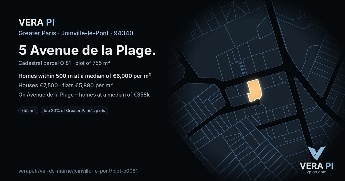 5 Avenue de la Plage, Joinville-le-Pont at night – the plot lit, the parcels around coloured by the prices near them
