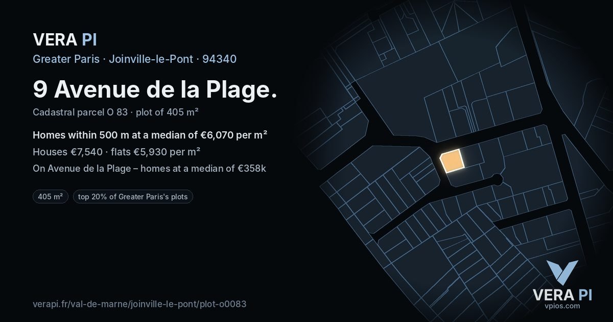 9 Avenue de la Plage, Joinville-le-Pont at night – the plot lit, the parcels around coloured by the prices near them