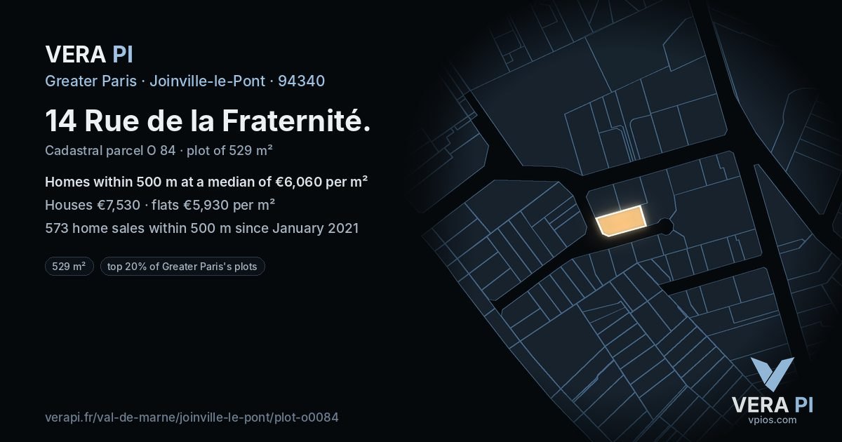 14 Rue de la Fraternité, Joinville-le-Pont at night – the plot lit, the parcels around coloured by the prices near them