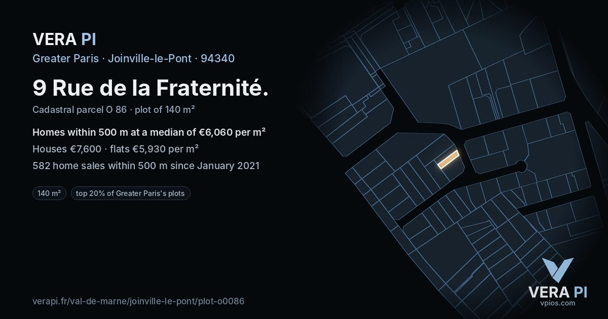 9 Rue de la Fraternité, Joinville-le-Pont at night – the plot lit, the parcels around coloured by the prices near them