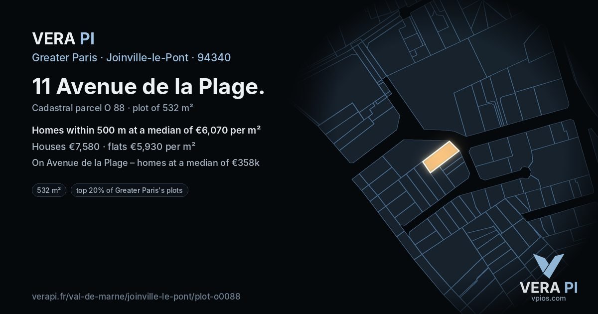11 Avenue de la Plage, Joinville-le-Pont at night – the plot lit, the parcels around coloured by the prices near them
