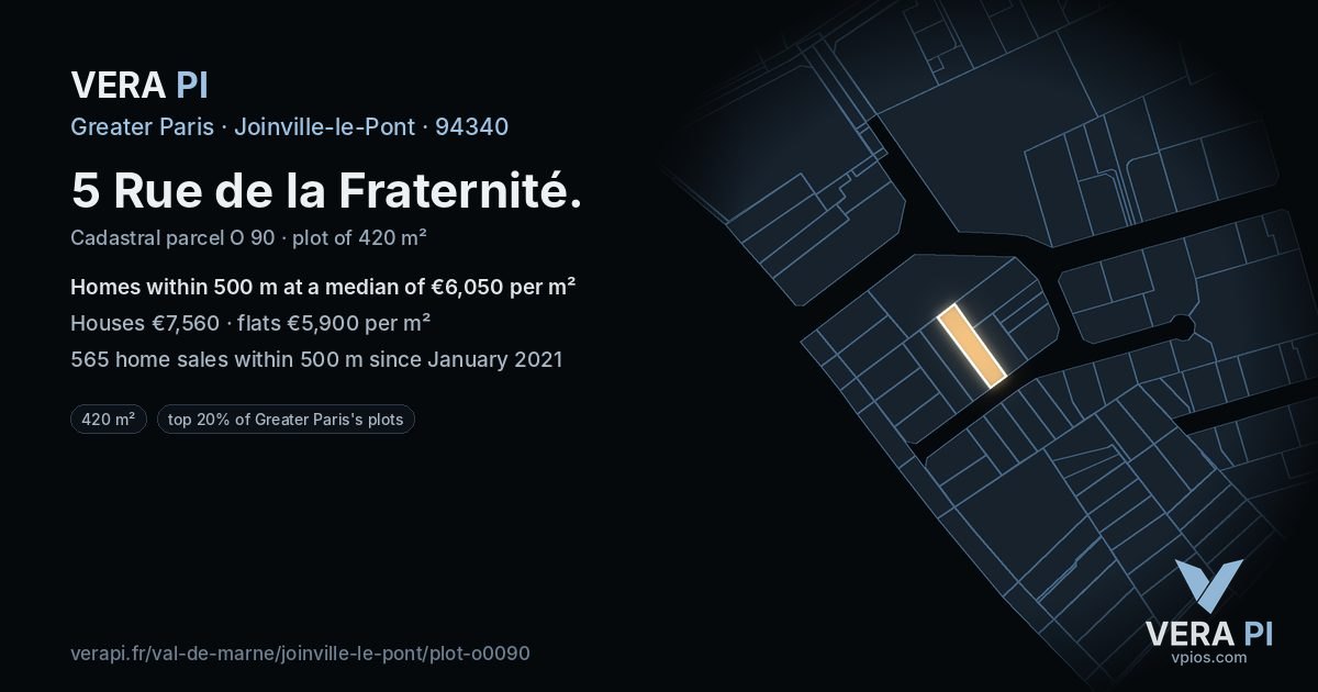 5 Rue de la Fraternité, Joinville-le-Pont at night – the plot lit, the parcels around coloured by the prices near them