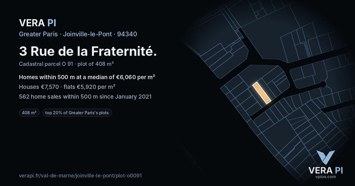 3 Rue de la Fraternité, Joinville-le-Pont at night – the plot lit, the parcels around coloured by the prices near them