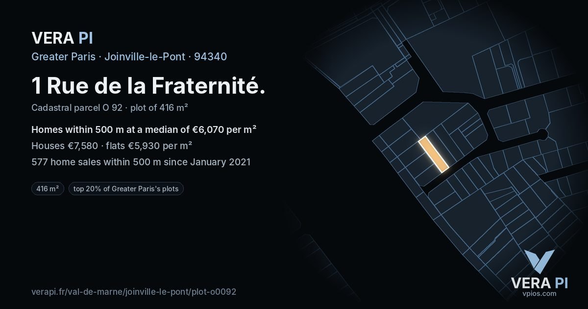 1 Rue de la Fraternité, Joinville-le-Pont at night – the plot lit, the parcels around coloured by the prices near them