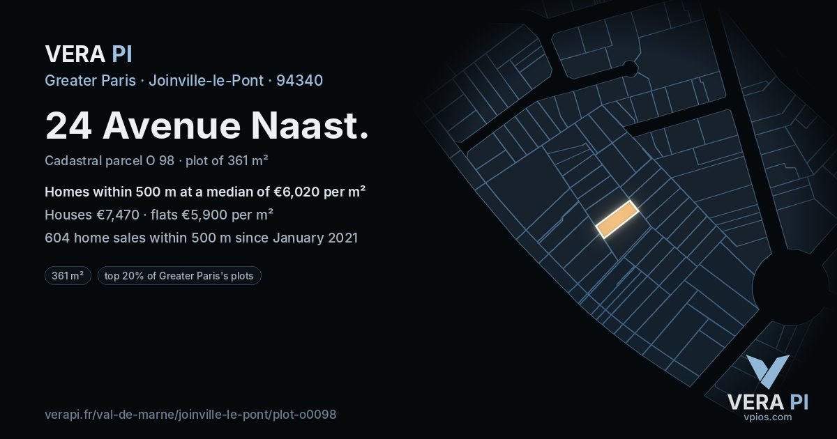 24 Avenue Naast, Joinville-le-Pont at night – the plot lit, the parcels around coloured by the prices near them