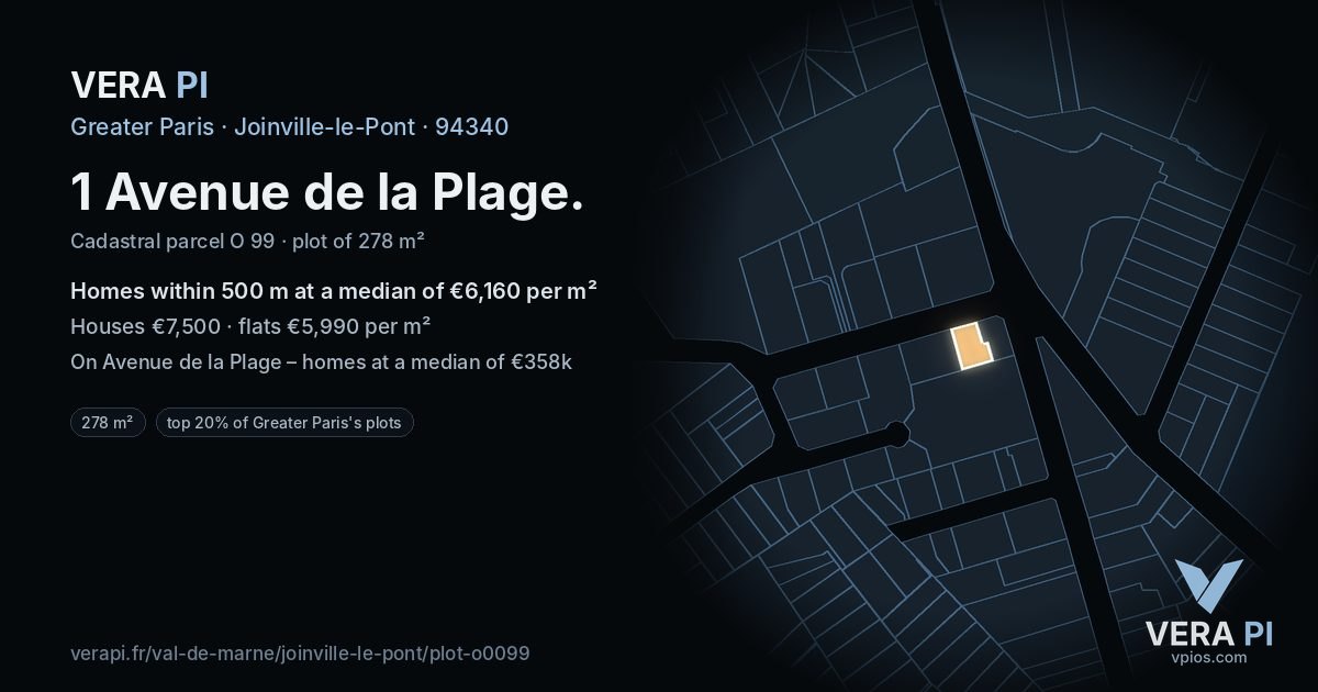 1 Avenue de la Plage, Joinville-le-Pont at night – the plot lit, the parcels around coloured by the prices near them