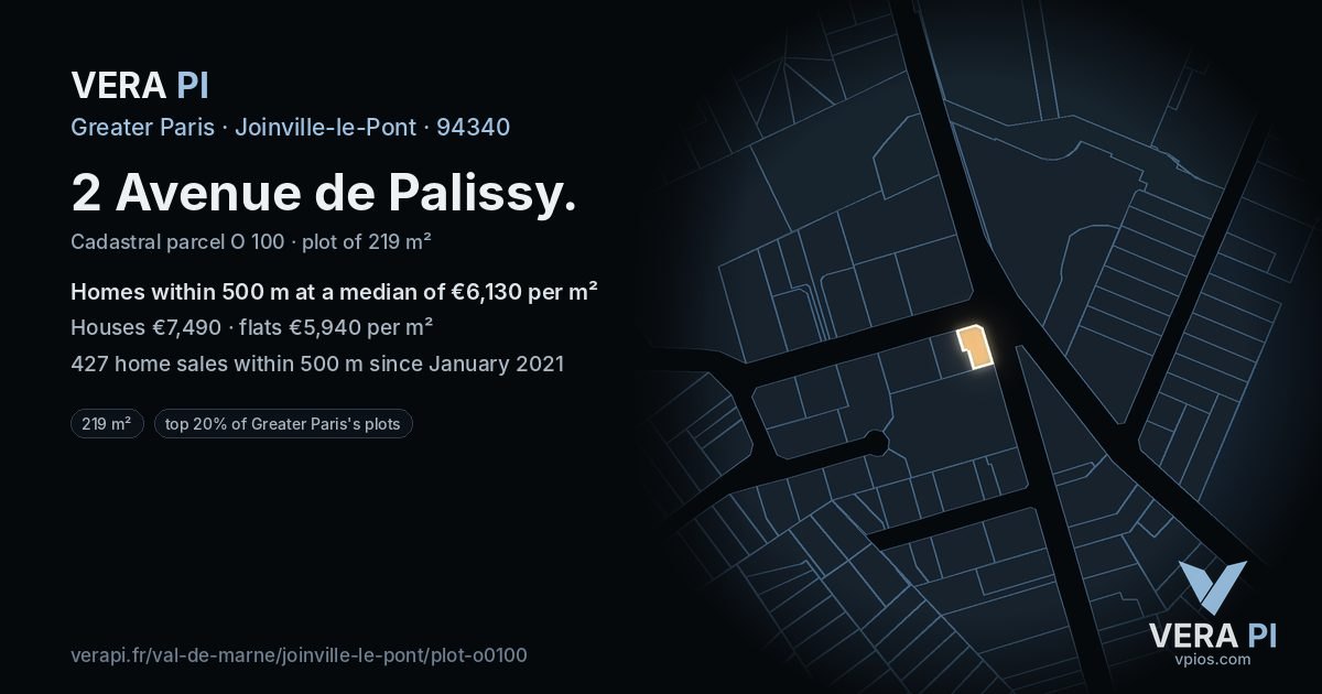 2 Avenue de Palissy, Joinville-le-Pont at night – the plot lit, the parcels around coloured by the prices near them