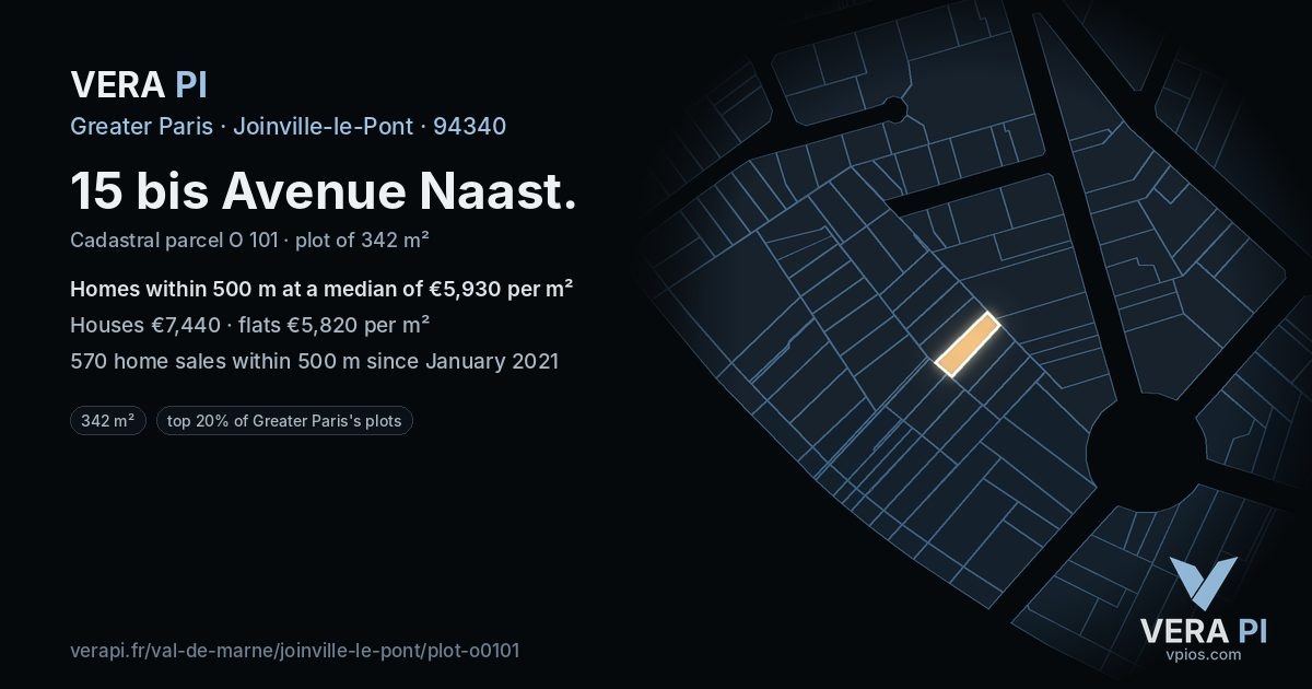 15 bis Avenue Naast, Joinville-le-Pont at night – the plot lit, the parcels around coloured by the prices near them
