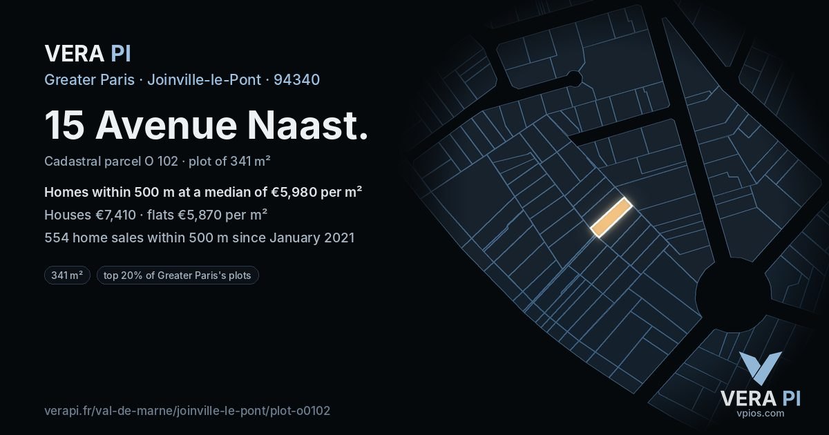 15 Avenue Naast, Joinville-le-Pont at night – the plot lit, the parcels around coloured by the prices near them