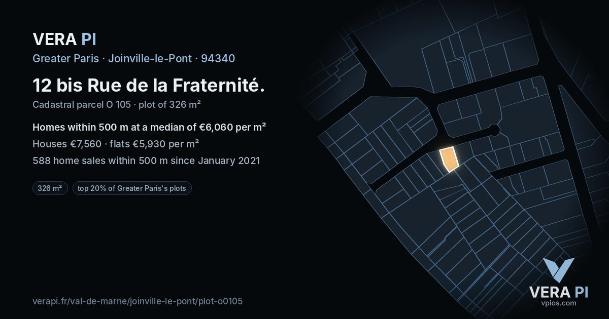 12 bis Rue de la Fraternité, Joinville-le-Pont at night – the plot lit, the parcels around coloured by the prices near them