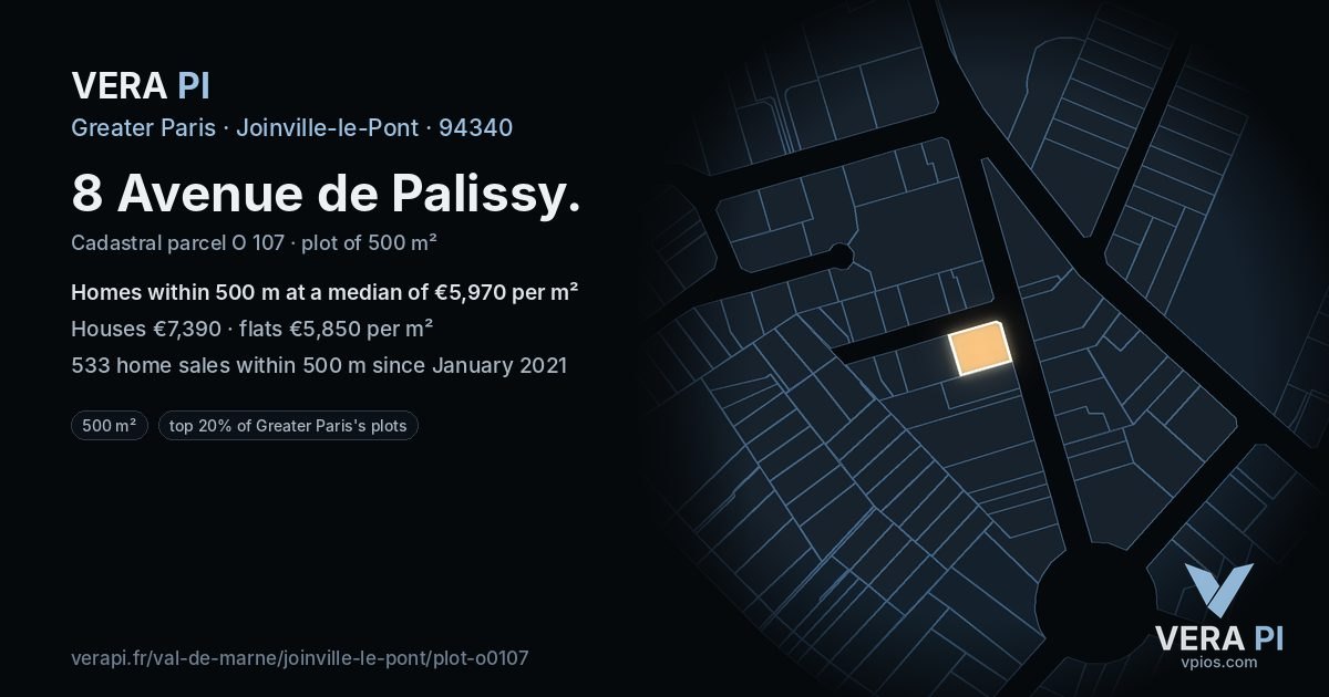 8 Avenue de Palissy, Joinville-le-Pont at night – the plot lit, the parcels around coloured by the prices near them