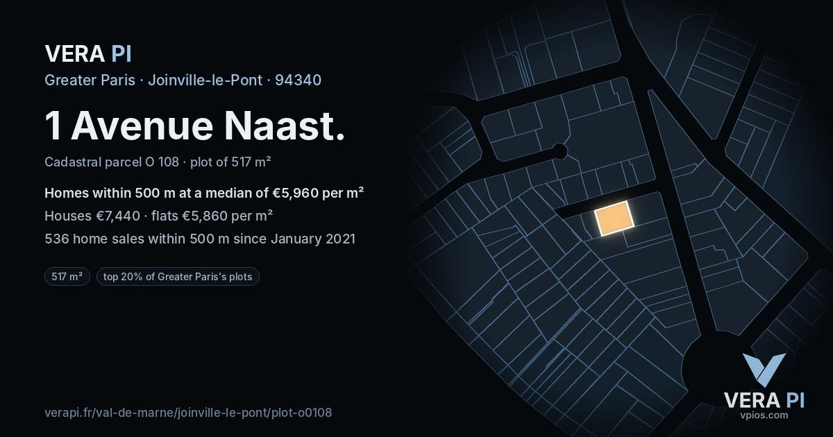 1 Avenue Naast, Joinville-le-Pont at night – the plot lit, the parcels around coloured by the prices near them