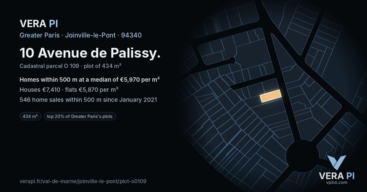 10 Avenue de Palissy, Joinville-le-Pont at night – the plot lit, the parcels around coloured by the prices near them