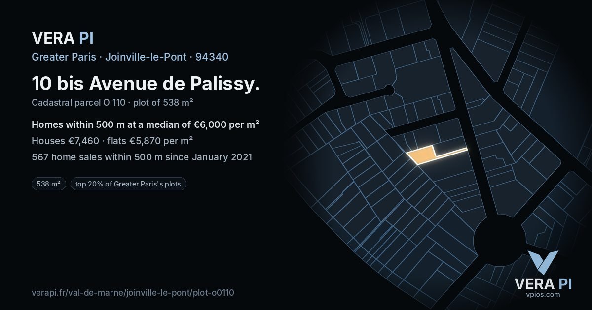 10 bis Avenue de Palissy, Joinville-le-Pont at night – the plot lit, the parcels around coloured by the prices near them