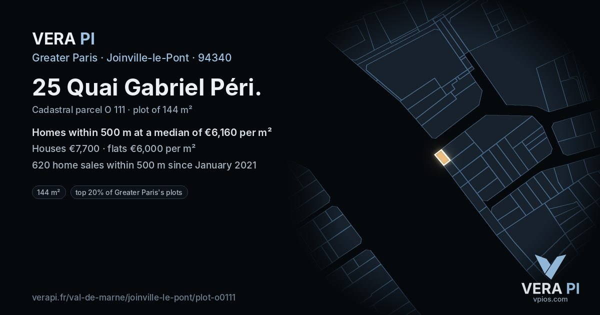25 Quai Gabriel Péri, Joinville-le-Pont at night – the plot lit, the parcels around coloured by the prices near them
