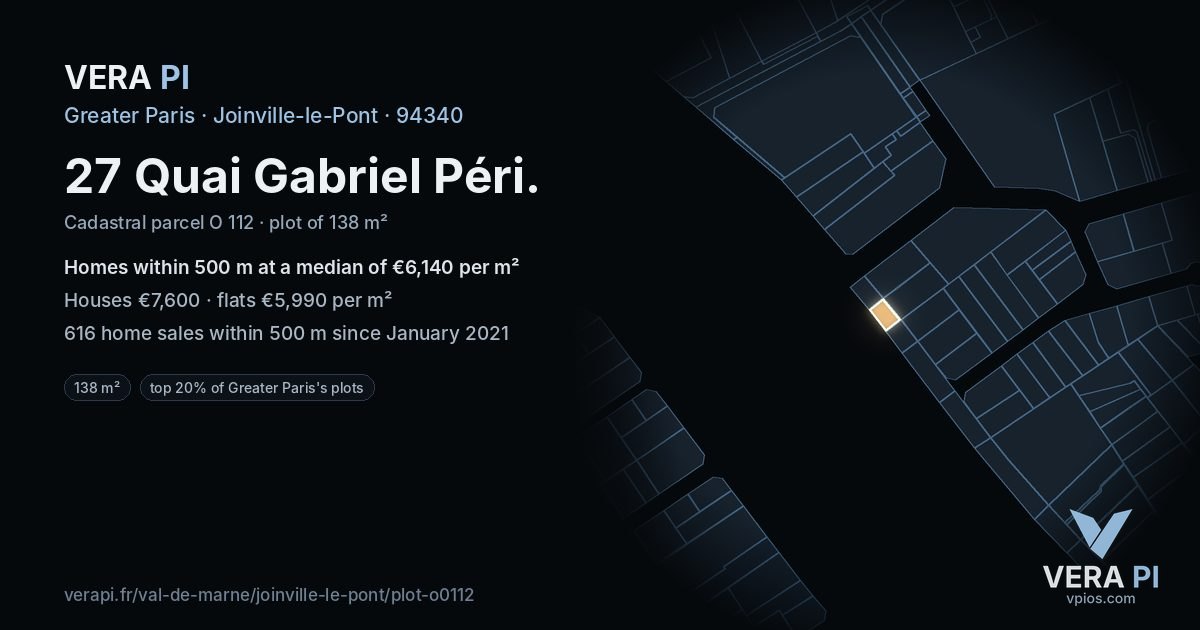 27 Quai Gabriel Péri, Joinville-le-Pont at night – the plot lit, the parcels around coloured by the prices near them