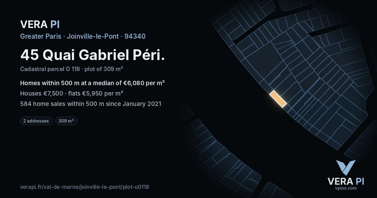 45 Quai Gabriel Péri, Joinville-le-Pont at night – the plot lit, the parcels around coloured by the prices near them