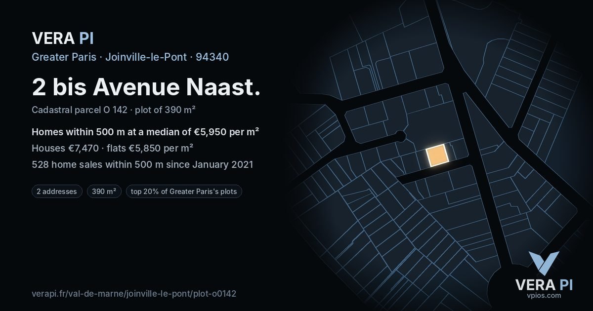 2 bis Avenue Naast, Joinville-le-Pont at night – the plot lit, the parcels around coloured by the prices near them