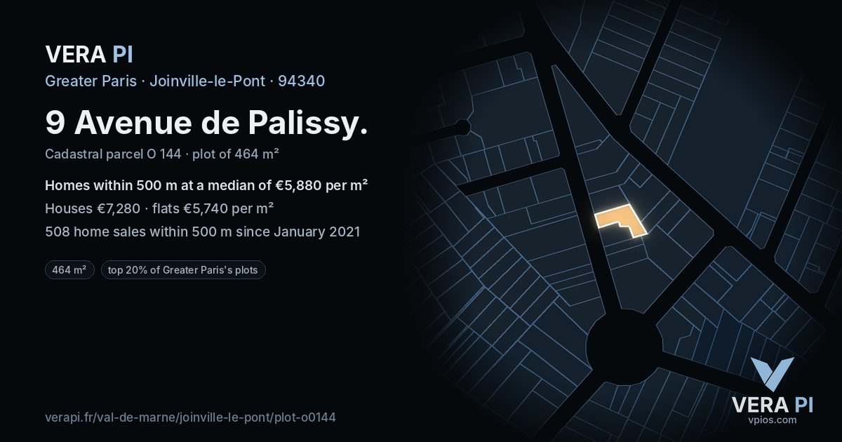 9 Avenue de Palissy, Joinville-le-Pont at night – the plot lit, the parcels around coloured by the prices near them