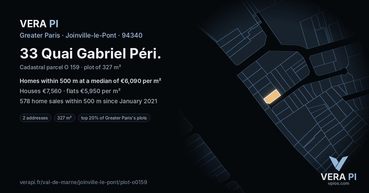 33 Quai Gabriel Péri, Joinville-le-Pont at night – the plot lit, the parcels around coloured by the prices near them