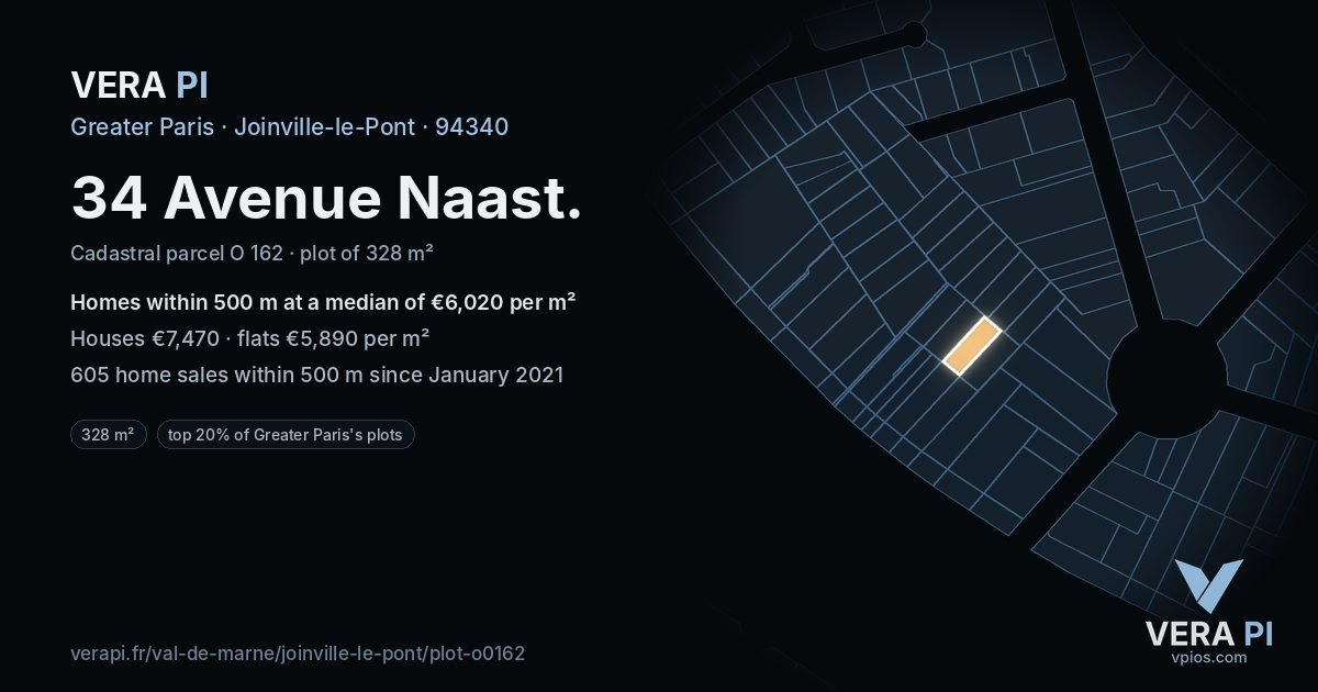 34 Avenue Naast, Joinville-le-Pont at night – the plot lit, the parcels around coloured by the prices near them