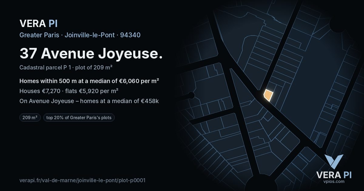 37 Avenue Joyeuse, Joinville-le-Pont at night – the plot lit, the parcels around coloured by the prices near them