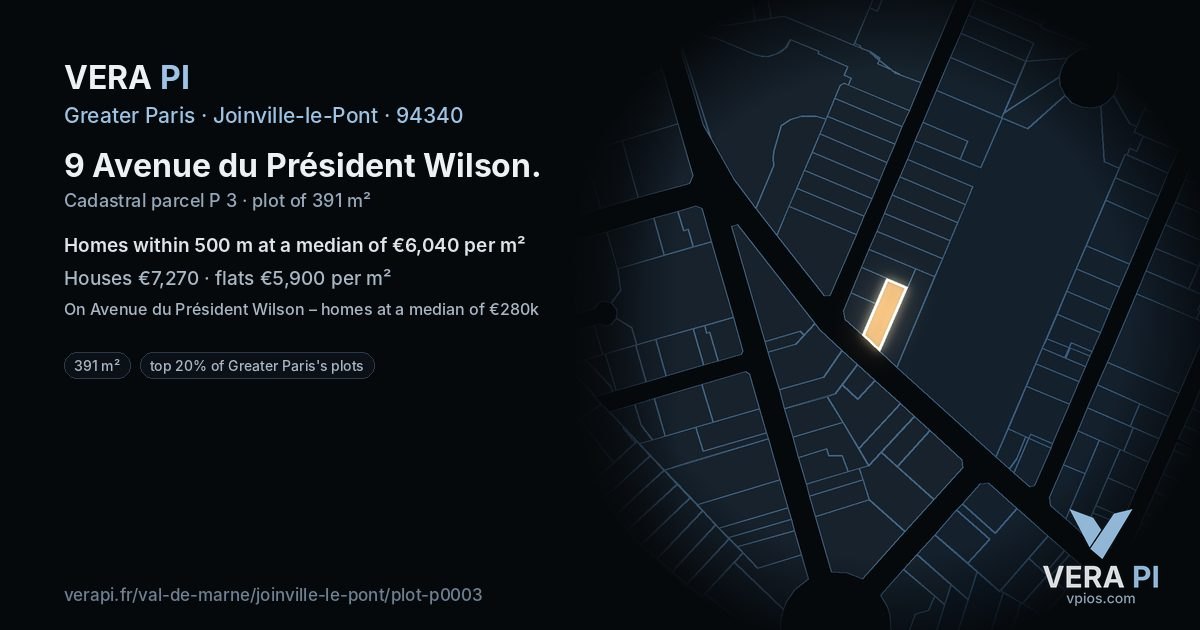 9 Avenue du Président Wilson, Joinville-le-Pont at night – the plot lit, the parcels around coloured by the prices near them