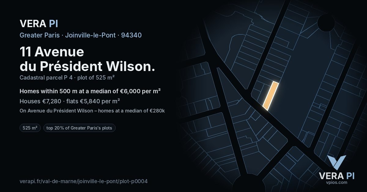 11 Avenue du Président Wilson, Joinville-le-Pont at night – the plot lit, the parcels around coloured by the prices near them