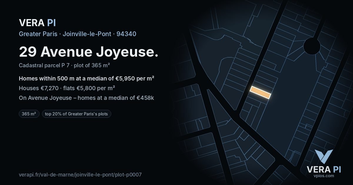 29 Avenue Joyeuse, Joinville-le-Pont at night – the plot lit, the parcels around coloured by the prices near them