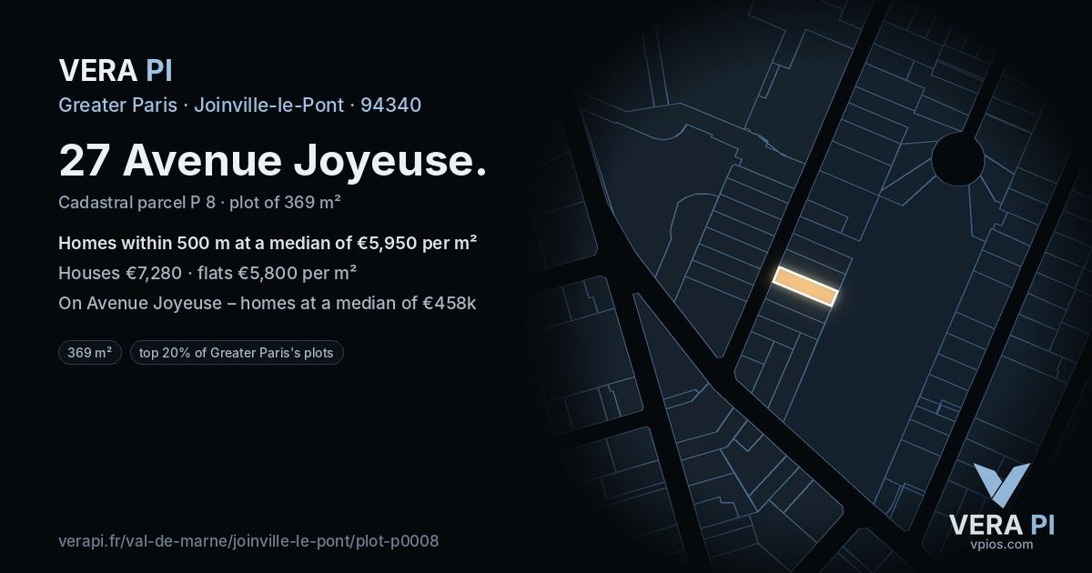 27 Avenue Joyeuse, Joinville-le-Pont at night – the plot lit, the parcels around coloured by the prices near them