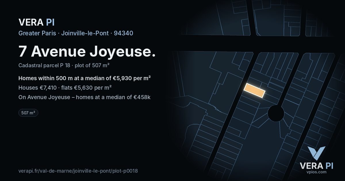 7 Avenue Joyeuse, Joinville-le-Pont at night – the plot lit, the parcels around coloured by the prices near them