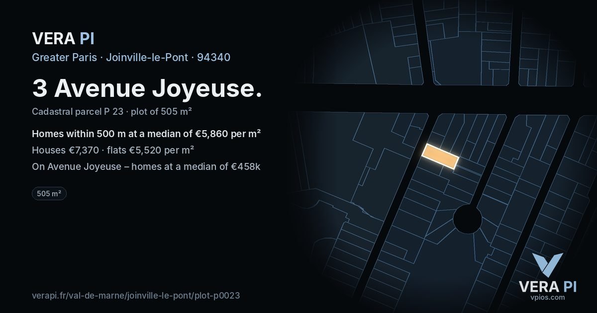 3 Avenue Joyeuse, Joinville-le-Pont at night – the plot lit, the parcels around coloured by the prices near them
