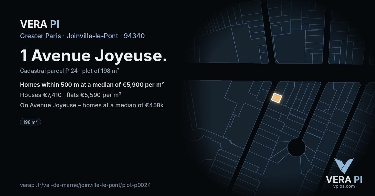 1 Avenue Joyeuse, Joinville-le-Pont at night – the plot lit, the parcels around coloured by the prices near them