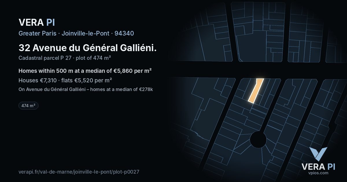 32 Avenue du Général Galliéni, Joinville-le-Pont at night – the plot lit, the parcels around coloured by the prices near them