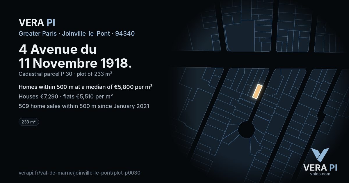 4 Avenue du 11 Novembre 1918, Joinville-le-Pont at night – the plot lit, the parcels around coloured by the prices near them