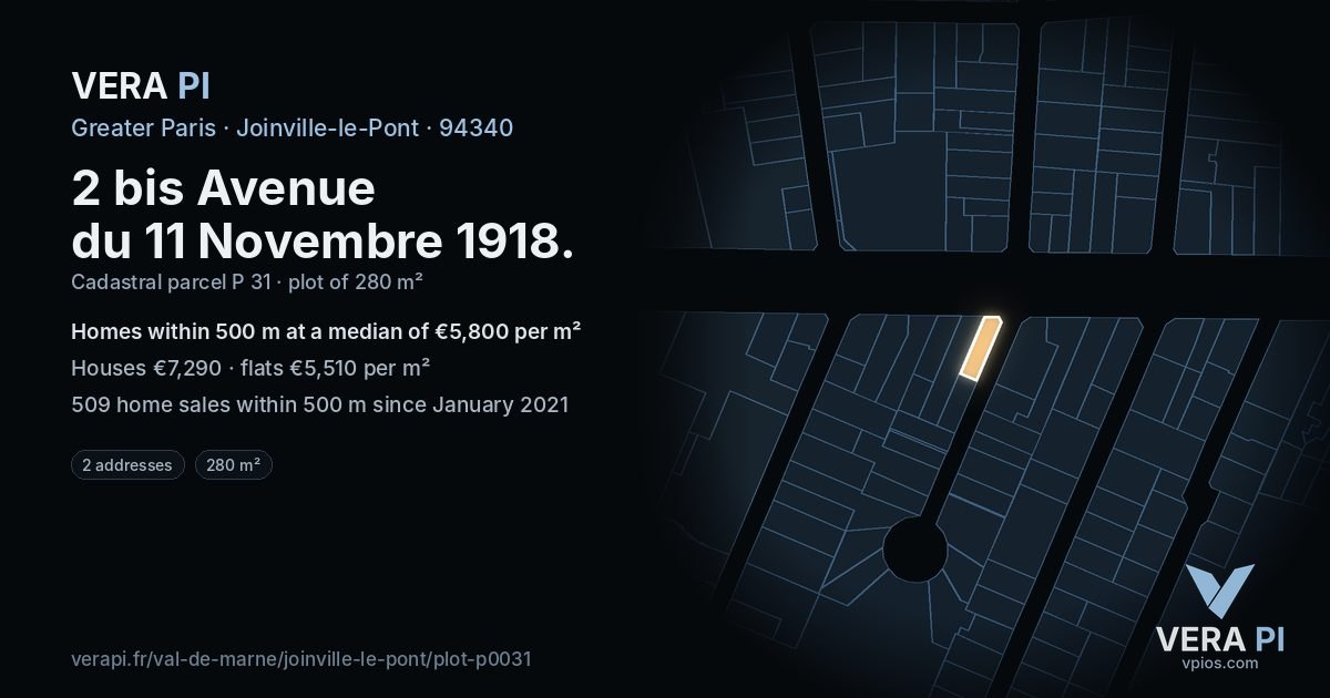 2 bis Avenue du 11 Novembre 1918, Joinville-le-Pont at night – the plot lit, the parcels around coloured by the prices near them