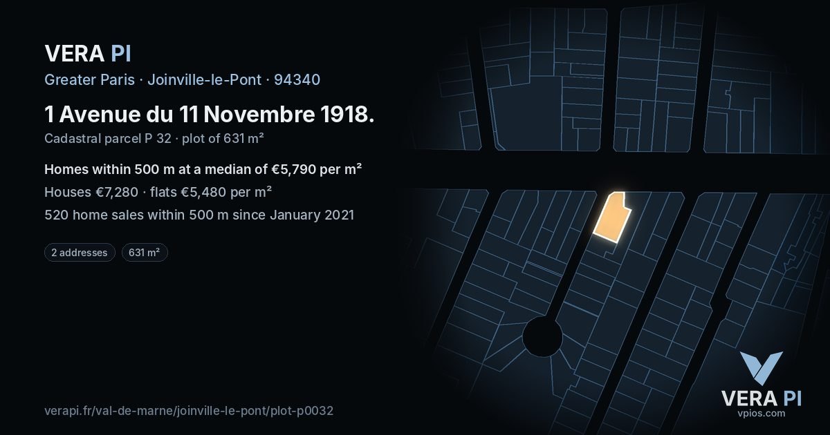 1 Avenue du 11 Novembre 1918, Joinville-le-Pont at night – the plot lit, the parcels around coloured by the prices near them