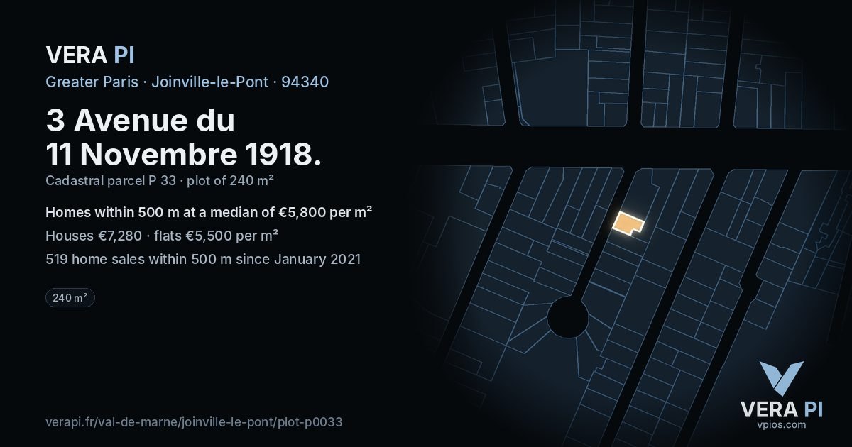 3 Avenue du 11 Novembre 1918, Joinville-le-Pont at night – the plot lit, the parcels around coloured by the prices near them