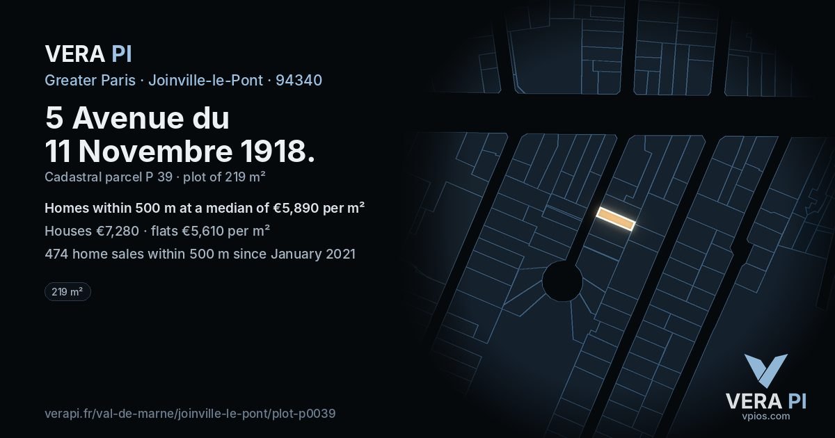 5 Avenue du 11 Novembre 1918, Joinville-le-Pont at night – the plot lit, the parcels around coloured by the prices near them