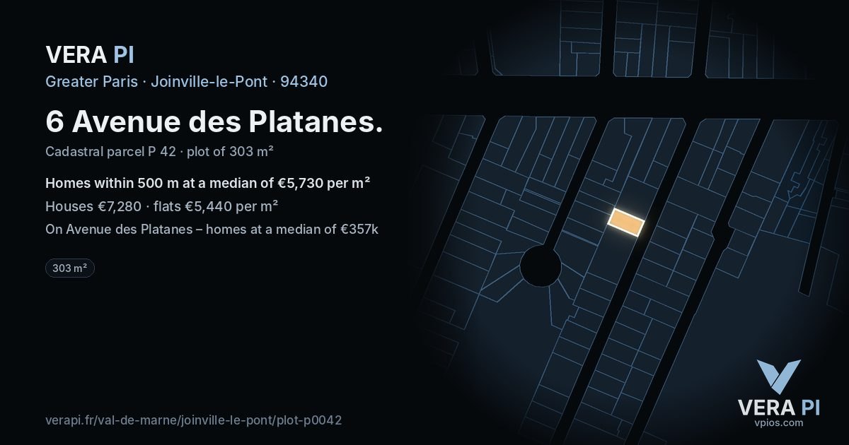 6 Avenue des Platanes, Joinville-le-Pont at night – the plot lit, the parcels around coloured by the prices near them