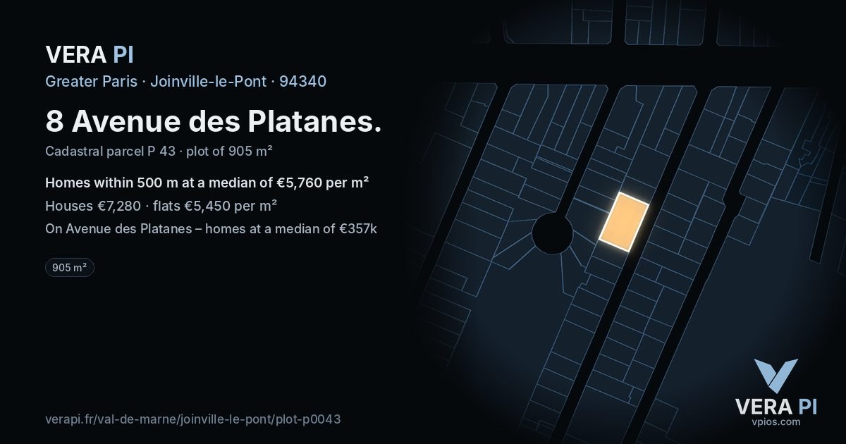 8 Avenue des Platanes, Joinville-le-Pont at night – the plot lit, the parcels around coloured by the prices near them