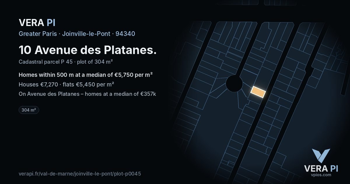 10 Avenue des Platanes, Joinville-le-Pont at night – the plot lit, the parcels around coloured by the prices near them