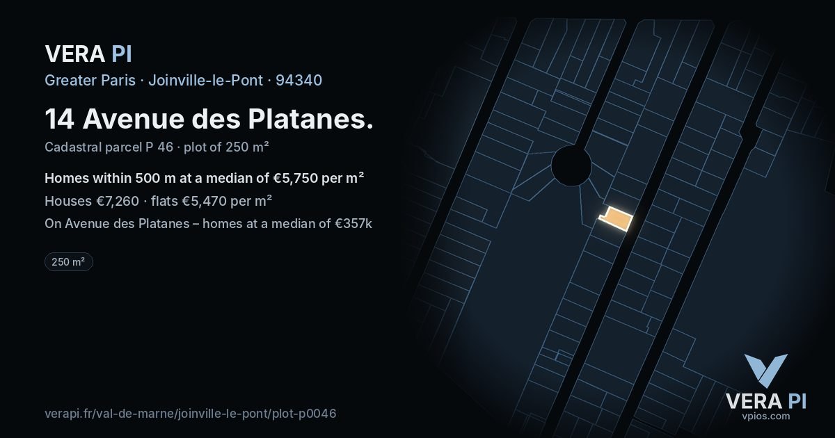 14 Avenue des Platanes, Joinville-le-Pont at night – the plot lit, the parcels around coloured by the prices near them