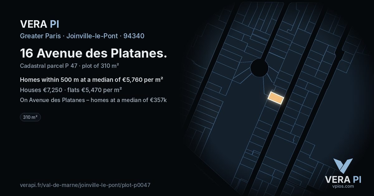 16 Avenue des Platanes, Joinville-le-Pont at night – the plot lit, the parcels around coloured by the prices near them
