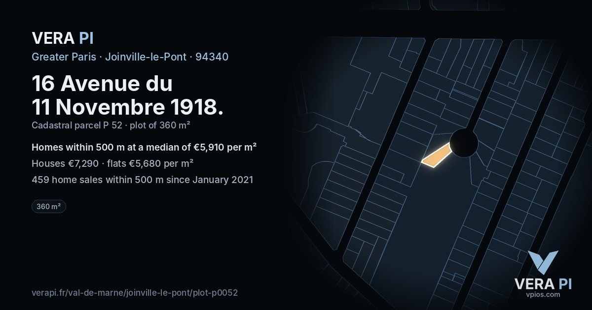 16 Avenue du 11 Novembre 1918, Joinville-le-Pont at night – the plot lit, the parcels around coloured by the prices near them