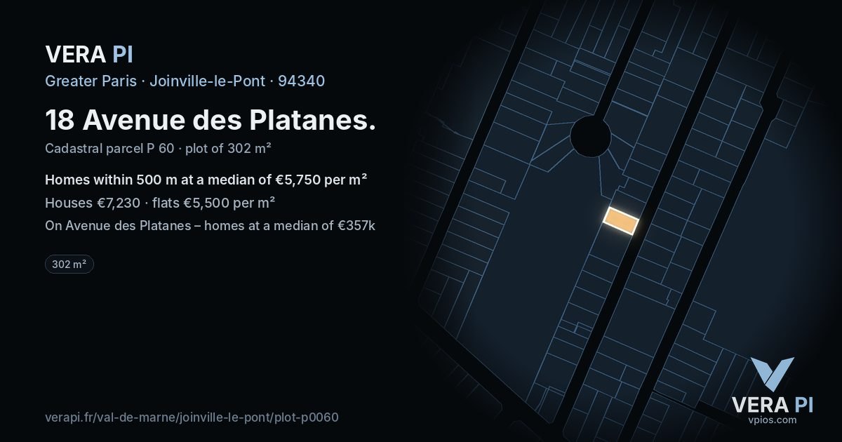 18 Avenue des Platanes, Joinville-le-Pont at night – the plot lit, the parcels around coloured by the prices near them